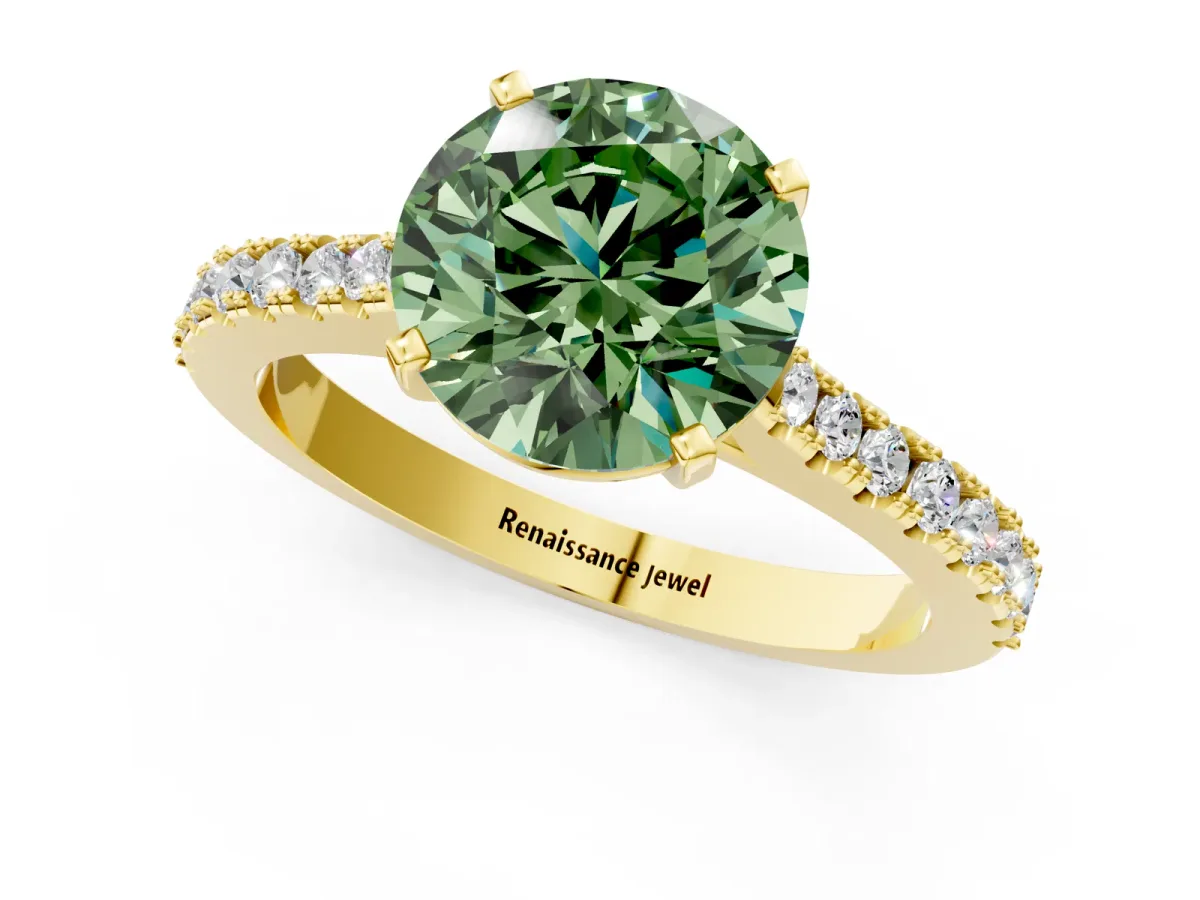 Fancy Green Round Cut Cut Solitaire Diamond Engagement Ring with Pave Band and Four-Prong Setting Yellow gold