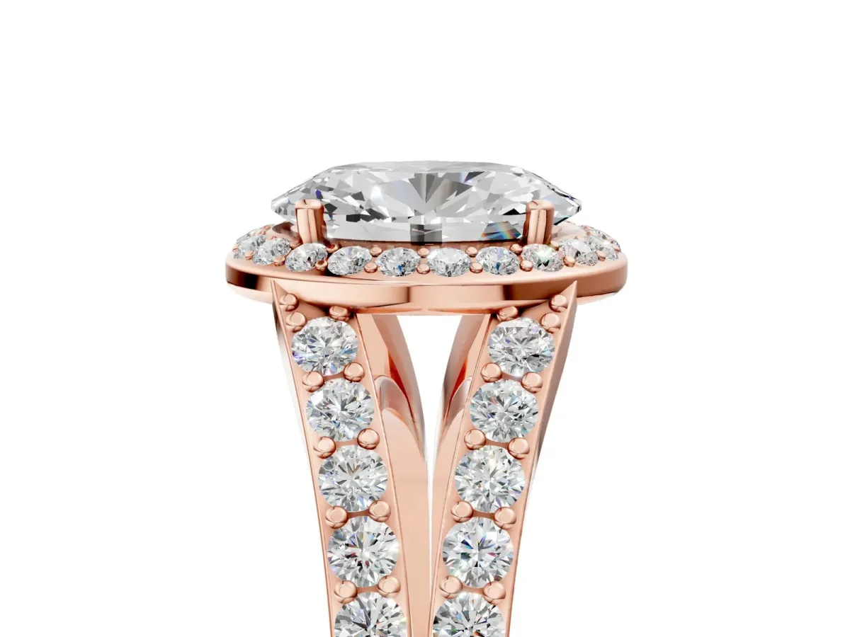Oval Cut Diamond Split Shank Halo Ring with Four-Prong Setting Rose gold