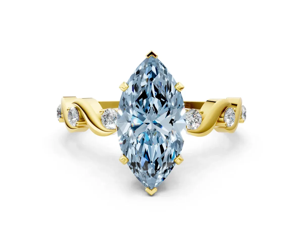 Fancy Blue Marquise Cut Diamond Solitaire Twisted Band with Round Accents and Prong Setting Yellow gold