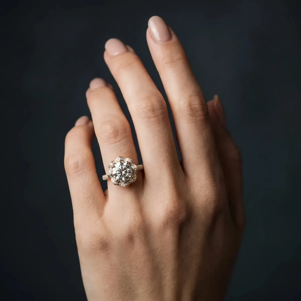 Round Cut Halo Diamond Floral Pave Band Ring with Four-Prong Setting Yellow gold
