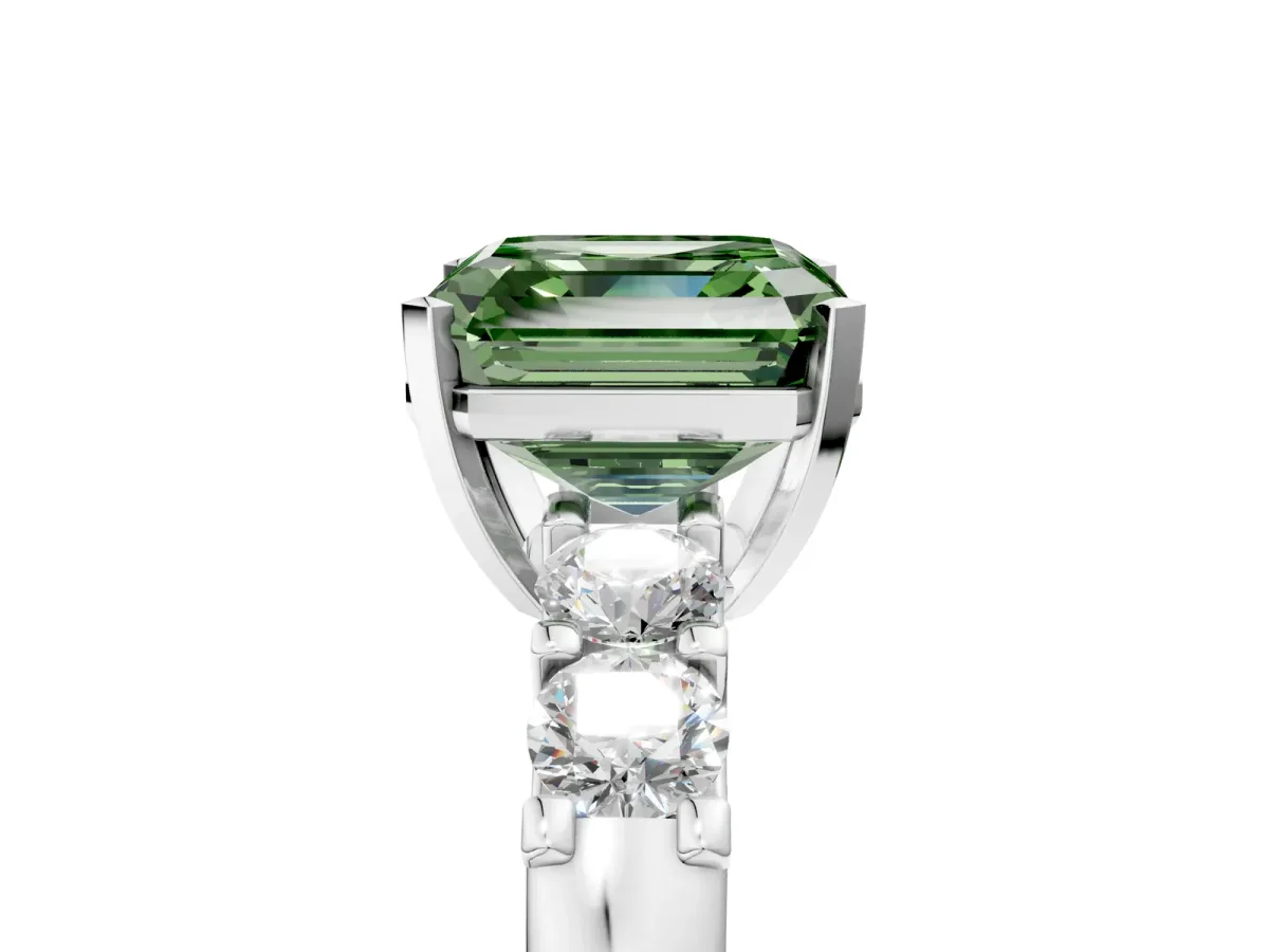 Fancy Green Asscher Cut Brilliant Cut Diamond Five-Stone Prong Set Engagement Ring with Channel Band Platinum