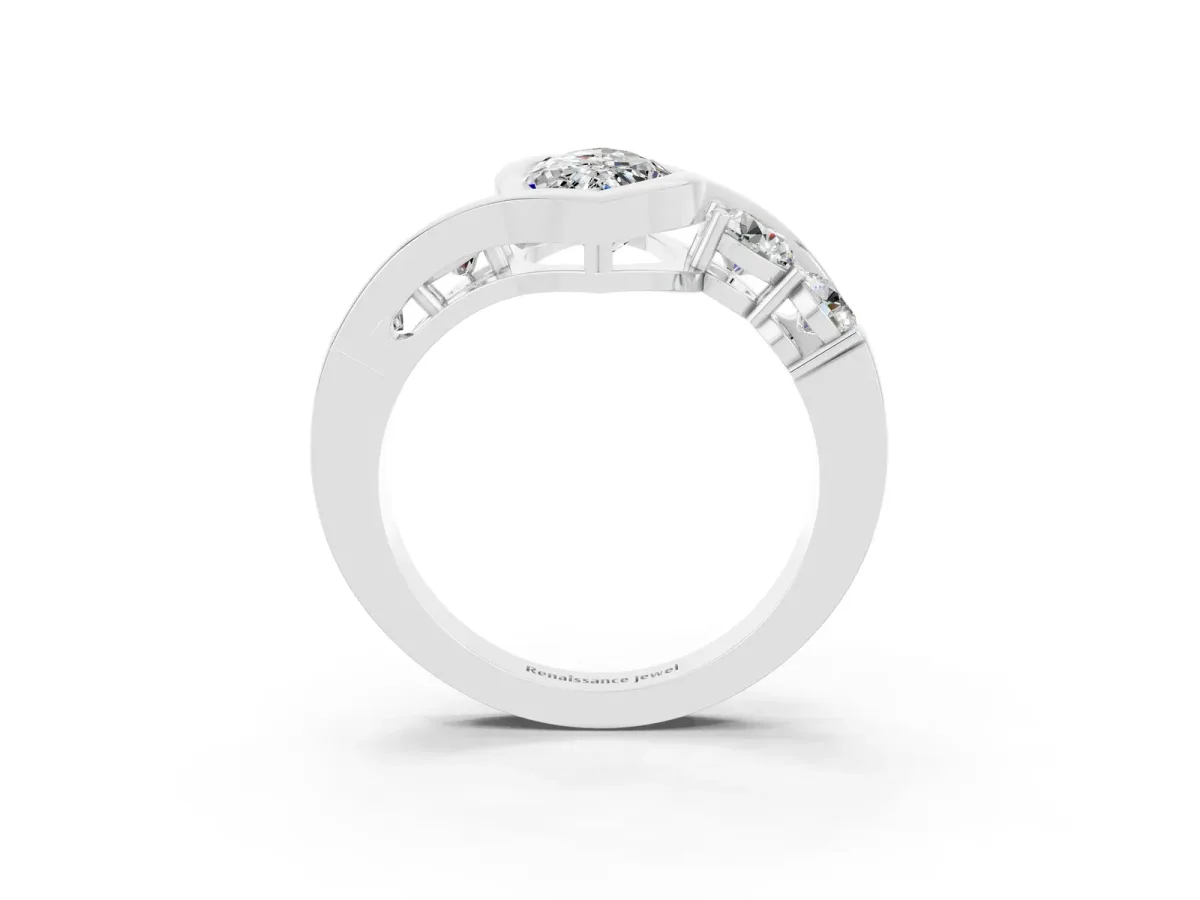 Bezel Set Marquise Cut Moissanite Bypass Ring with Round Accents Platinum