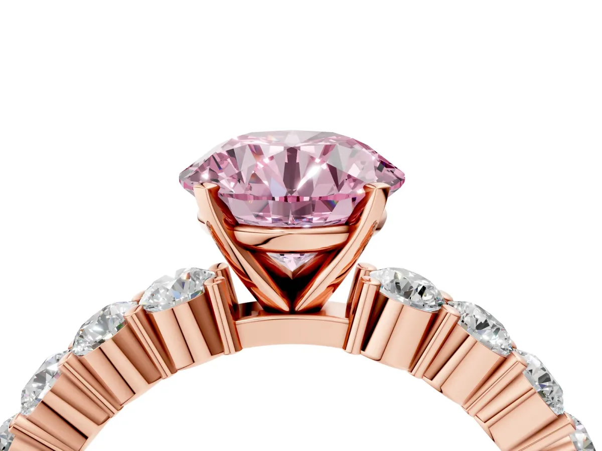 Fancy Pink Round Cut Diamond Solitaire Ring with Shared Prong Round Side Stones Rose gold