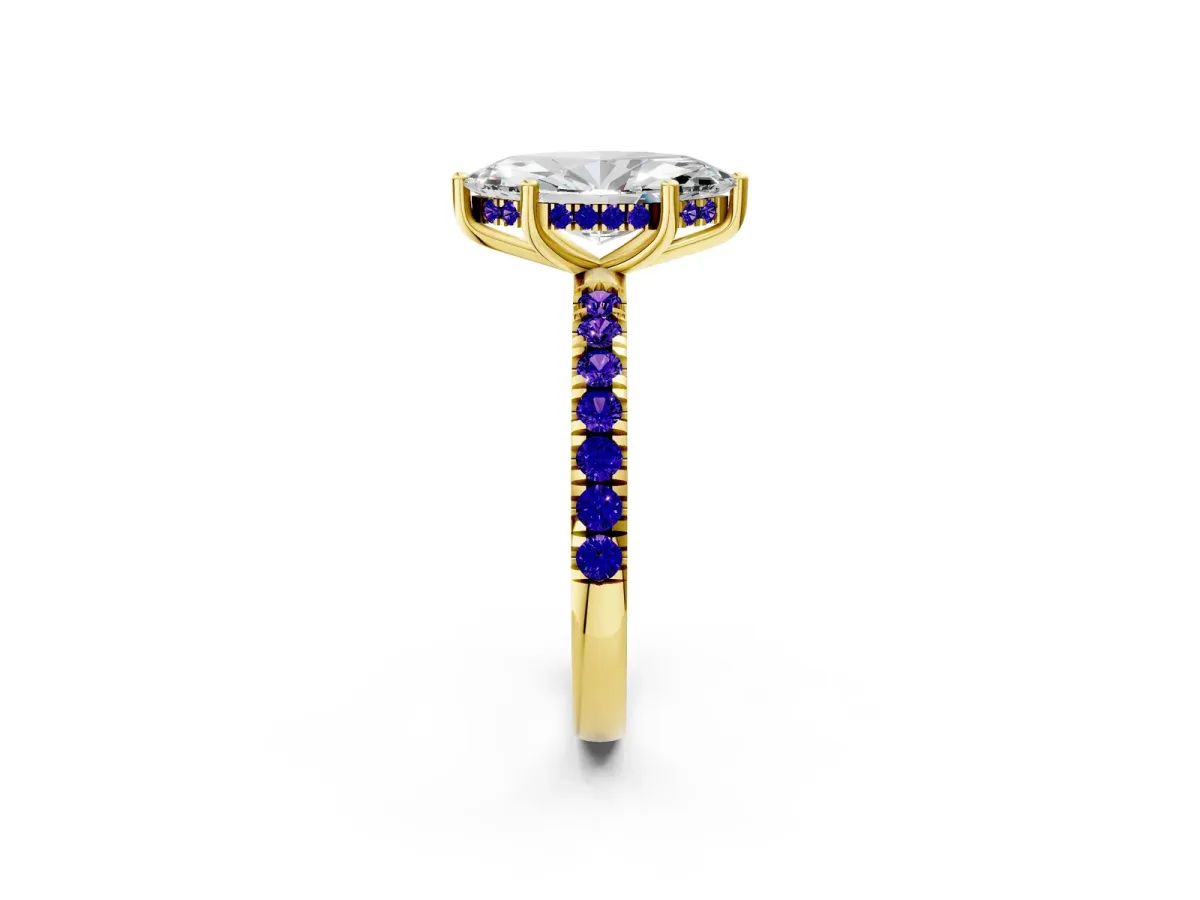 Marquise Cut Diamond Pave Band Solitaire Ring with Round Tanzanite and Prong Setting Yellow gold