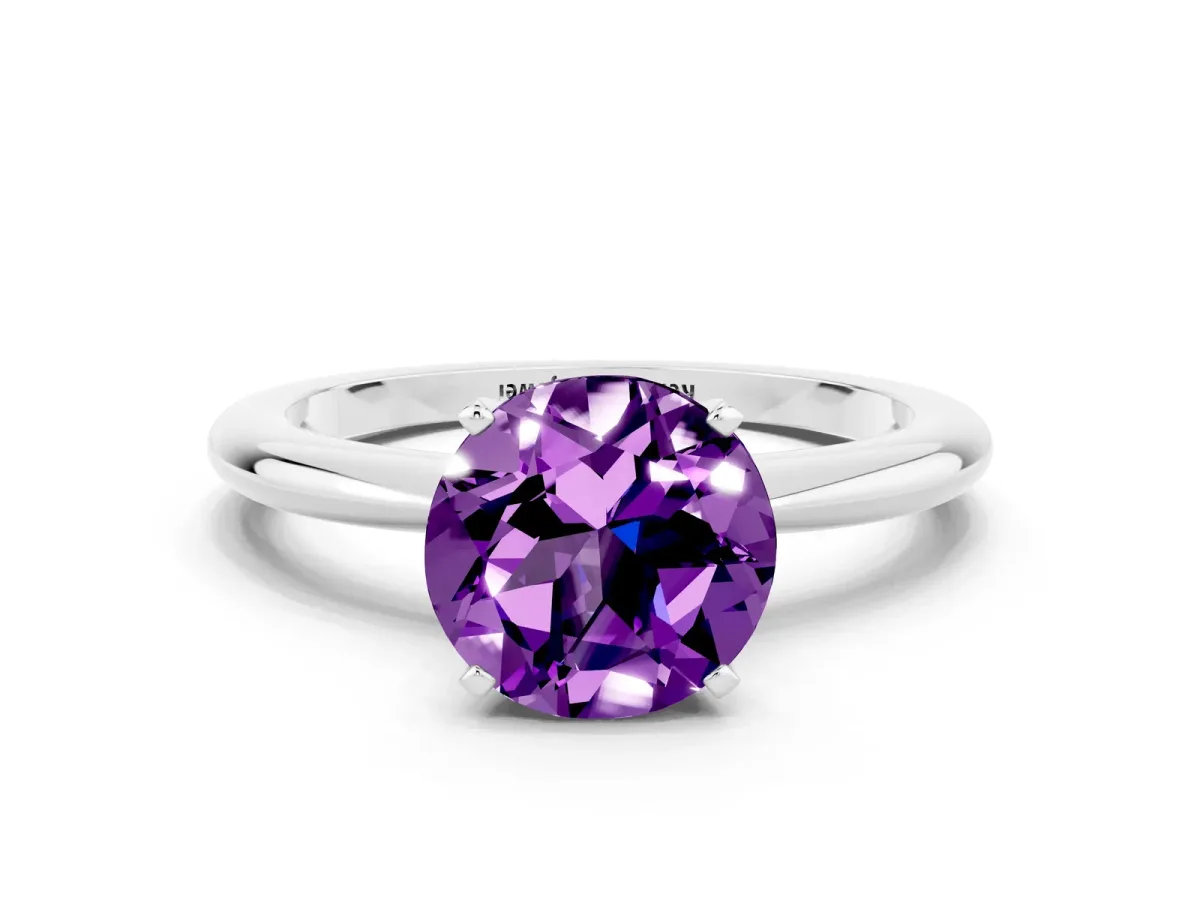 Round Cut Amethyst Solitaire Ring with Six-Prong Setting and Classic Band Platinum
