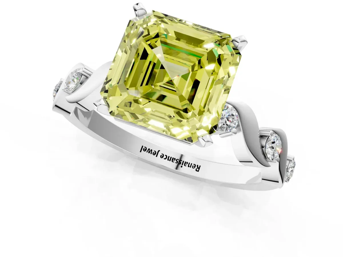 Fancy Yellow Asscher Cut Diamond Solitaire Twisted Band with Round Accents and Prong Setting White gold