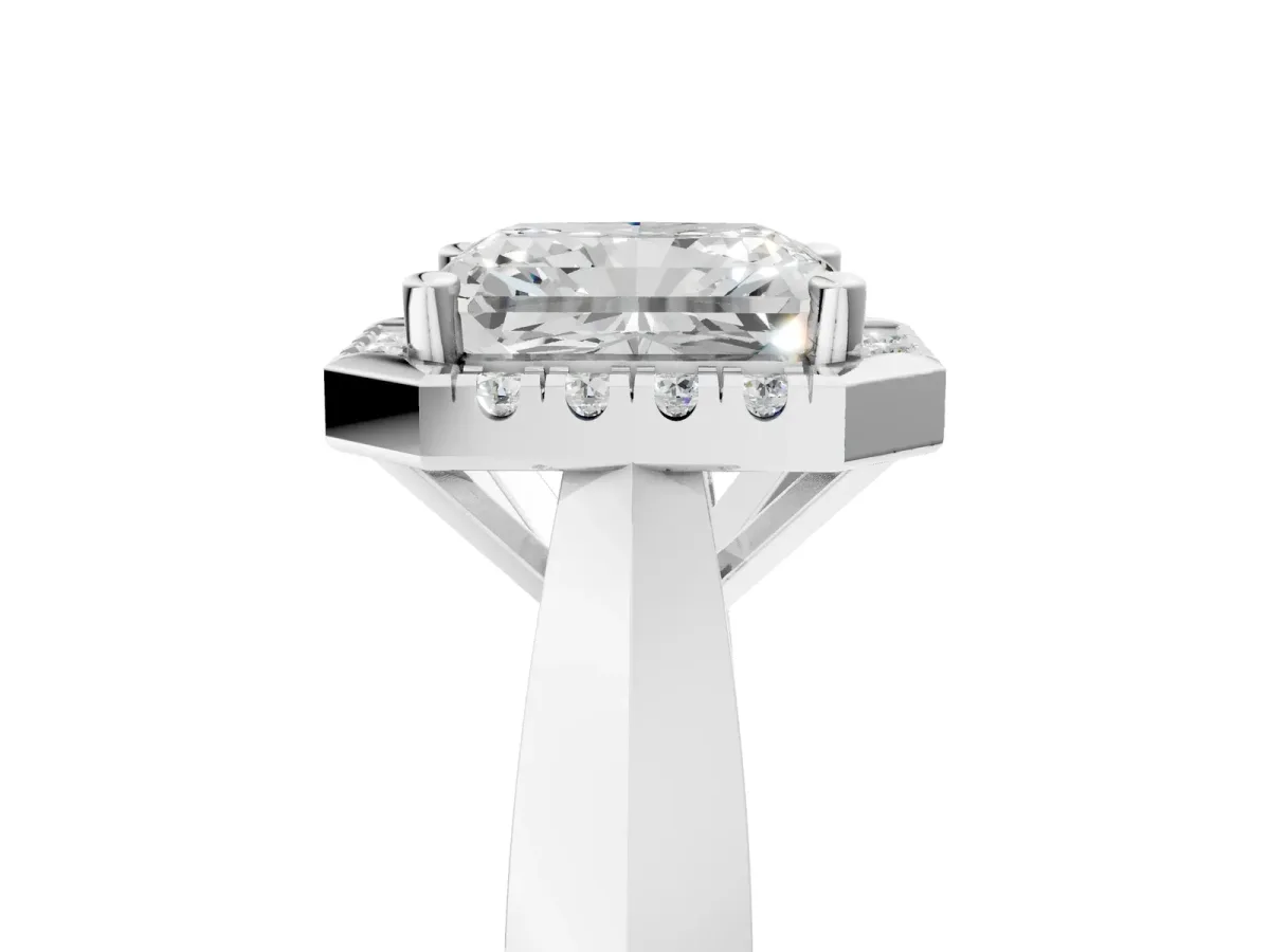 Radiant Cut Cut Halo Solitaire Engagement Ring with Square Band and Four-Prong Setting White gold