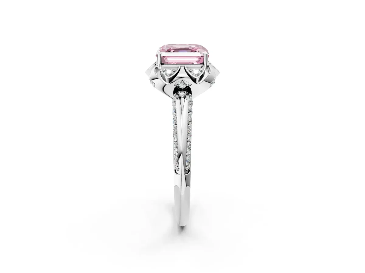 Fancy Pink Asscher Cut Halo Split Shank Pave Diamond Ring with Petal Prong Setting Platinum