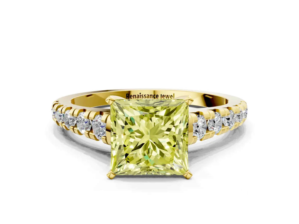 Fancy Yellow Princess Cut Diamond Cathedral Solitaire Ring with Round Pavé Band Yellow gold