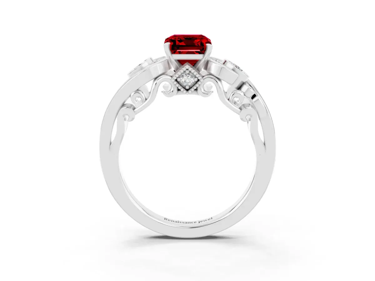 Emerald Cut Ruby Solitaire Ring with Milgrain Pavé Band and Four-Prong Setting Platinum