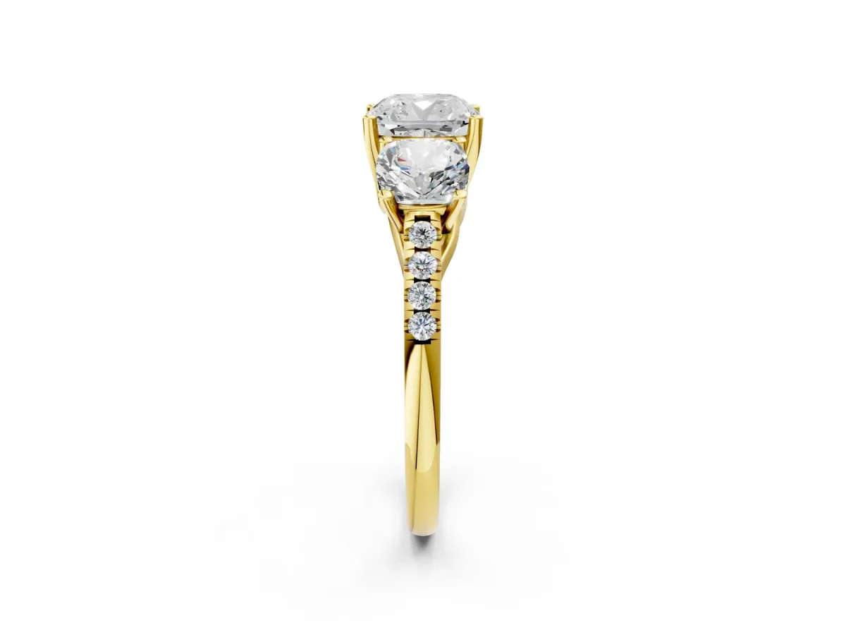 Fancy Green Three-Stone Cushion Cut Diamond Ring with Round Pavé Band and Prong Setting Yellow gold
