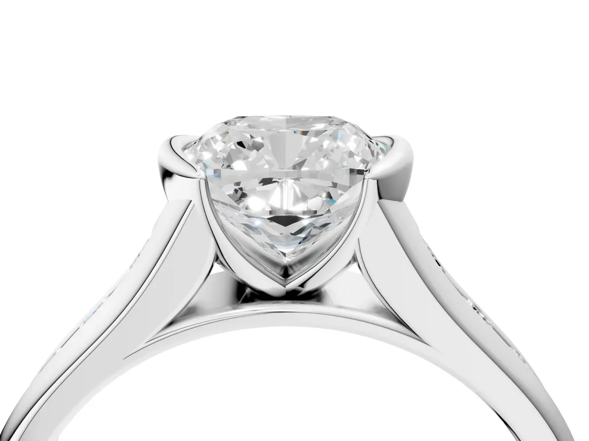 Cushion Cut Solitaire Bezel-Set Diamond Ring with Channel-Set Band Platinum
