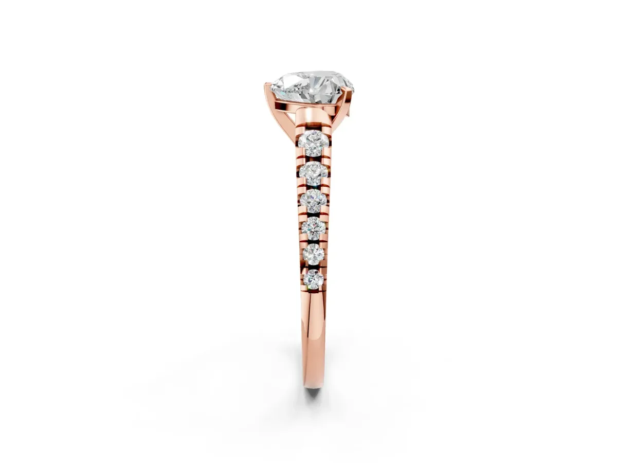Heart Cut Diamond Cathedral Solitaire Ring with Round Moissanite Pavé Band Rose gold
