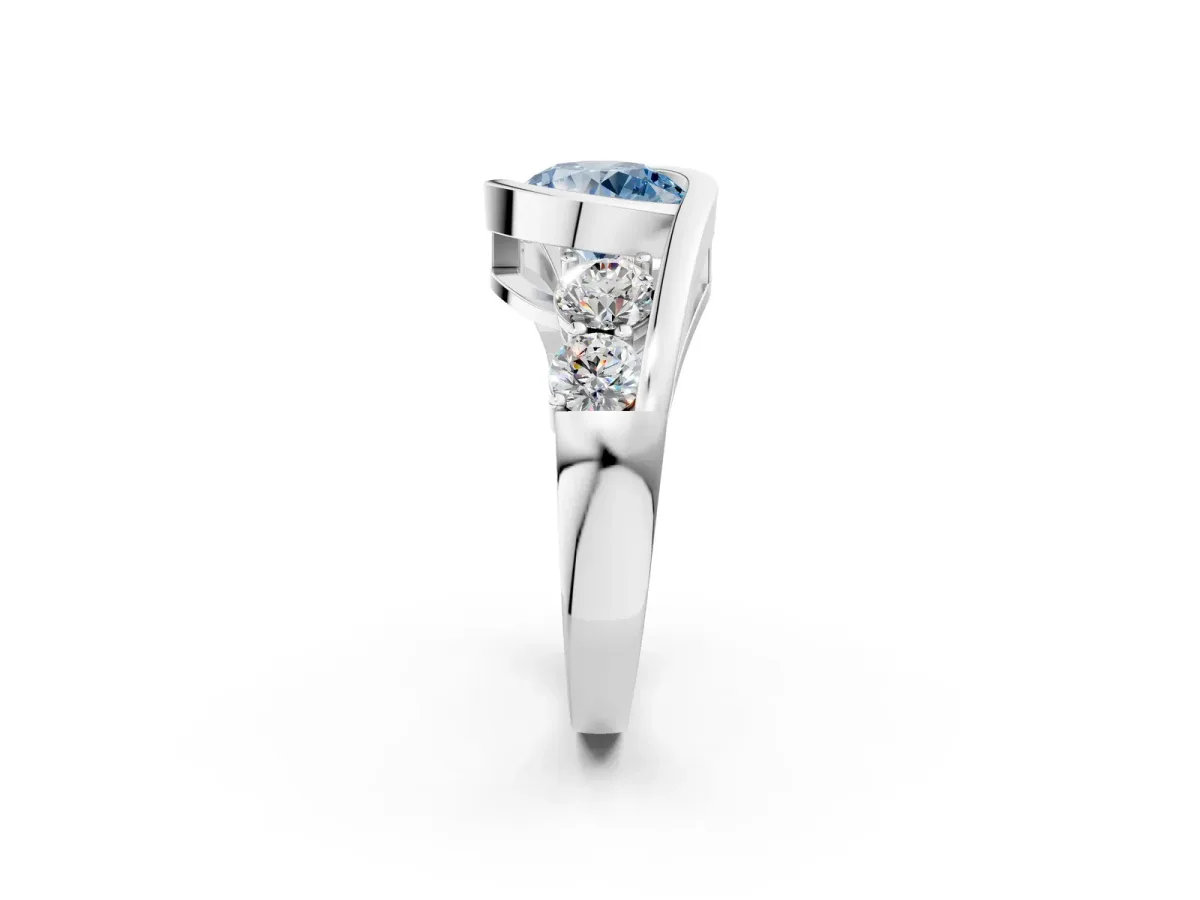 Fancy Blue Bezel Set Round Cut Diamond Bypass Ring with Round Accents Silver