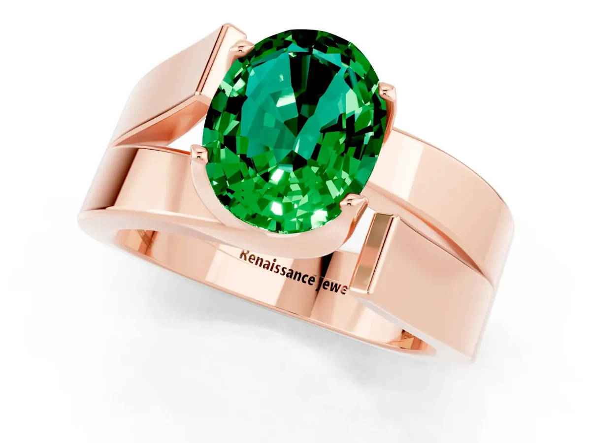 Modern Tension Set Oval Cut Emerald Solitaire Wide Band Ring Rose gold