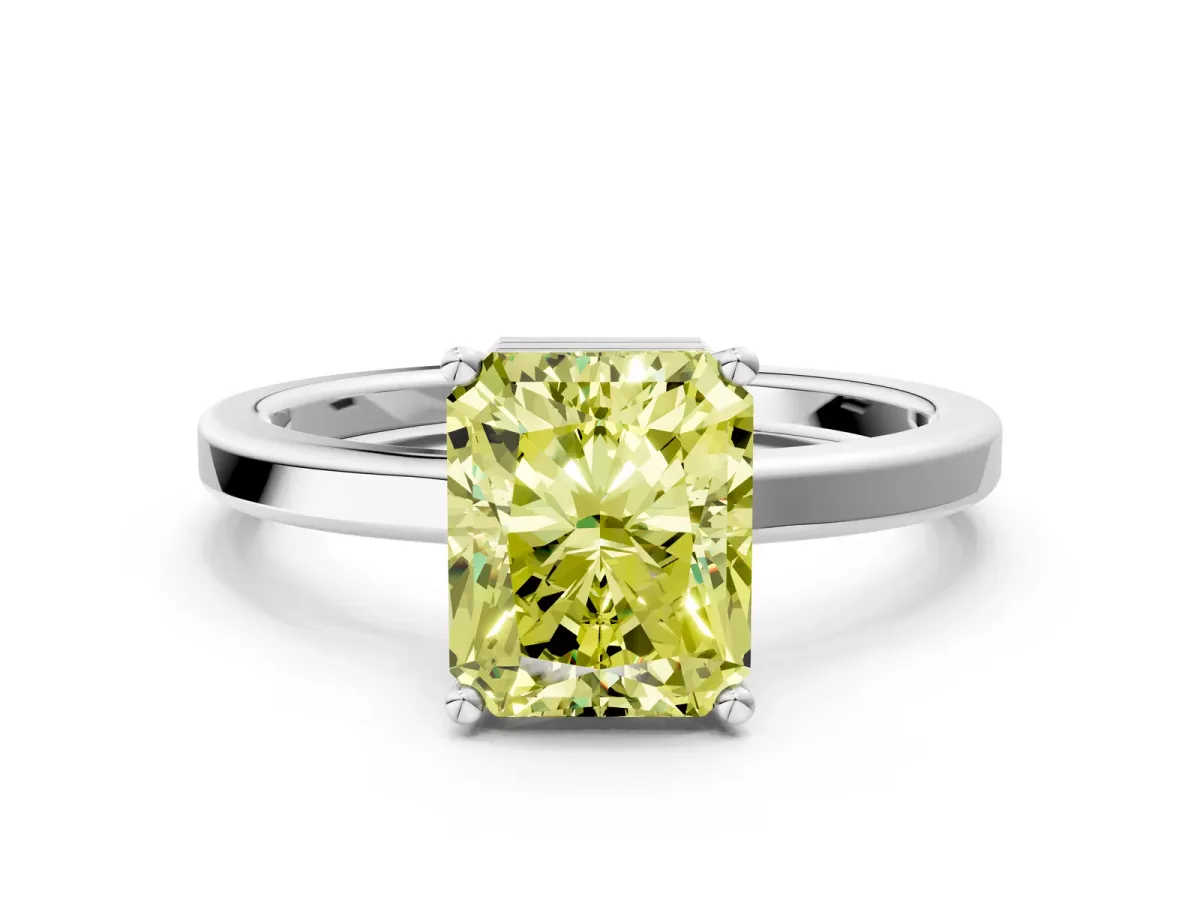 Fancy Yellow Radiant Cut Cut Solitaire Engagement Ring with Four-Prong Setting on a Classic Band Platinum
