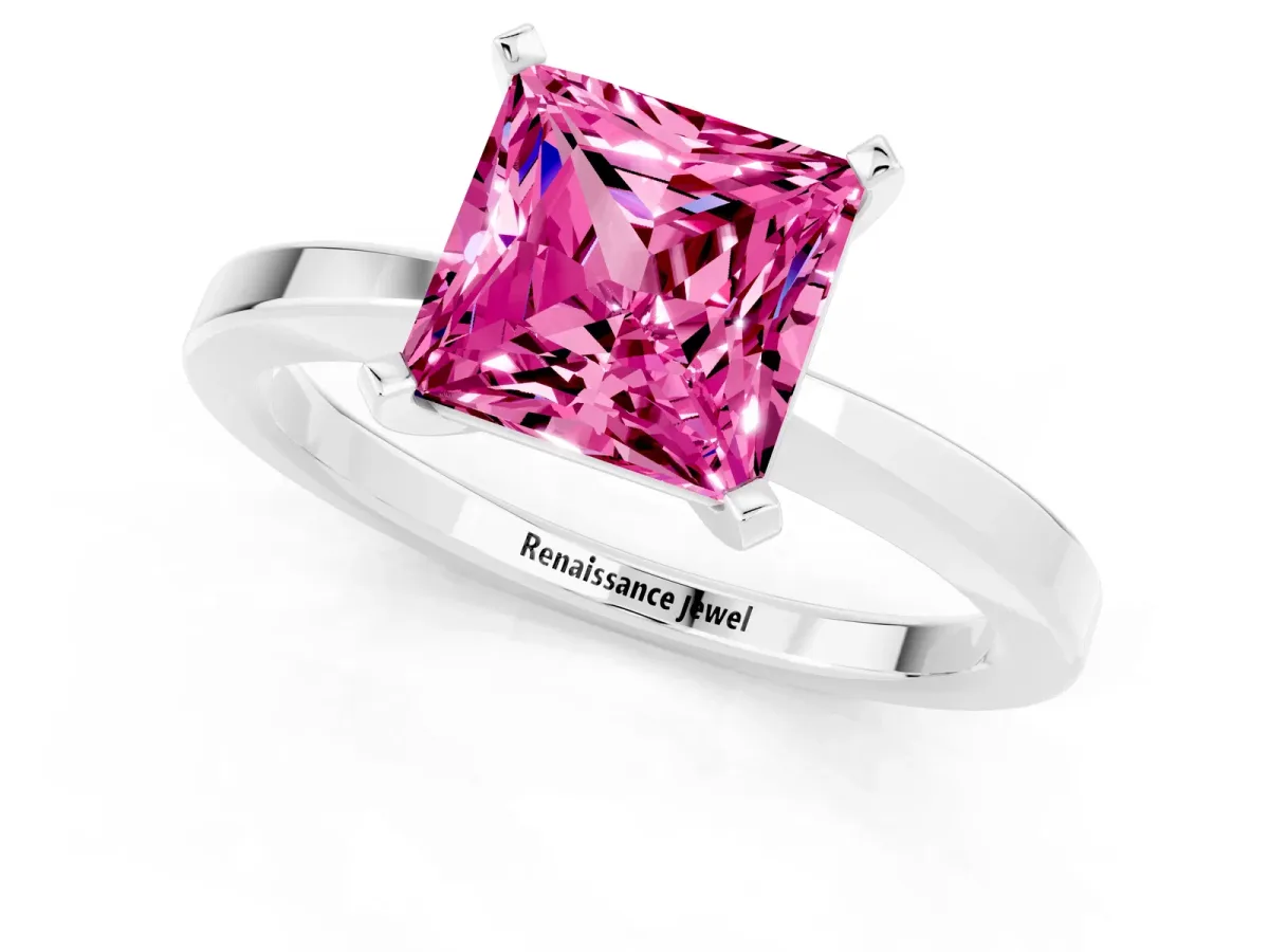 Princess Cut Pink Sapphire Solitaire Engagement Ring with Classic Band and Four-Prong Setting White gold