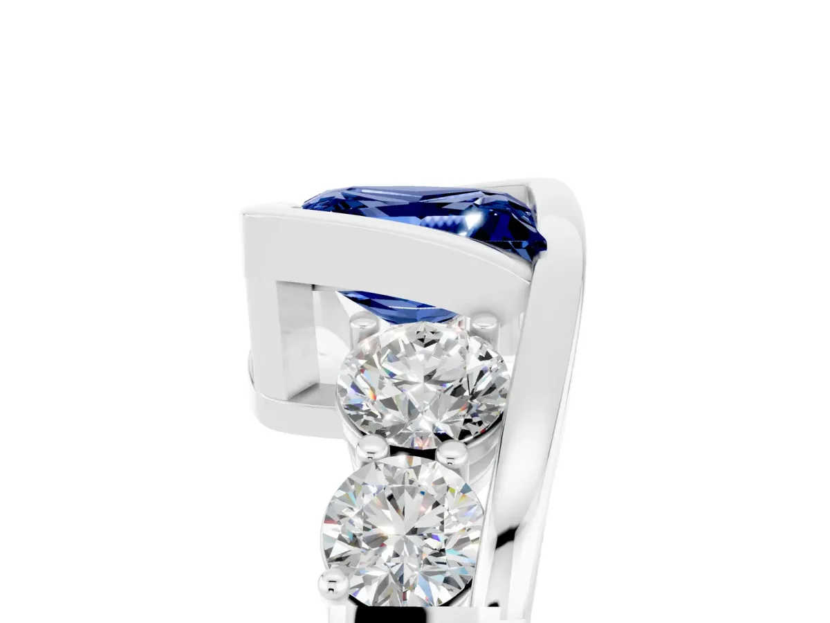 Bezel Set Princess Cut Blue Sapphire Bypass Ring with Round Accents Silver