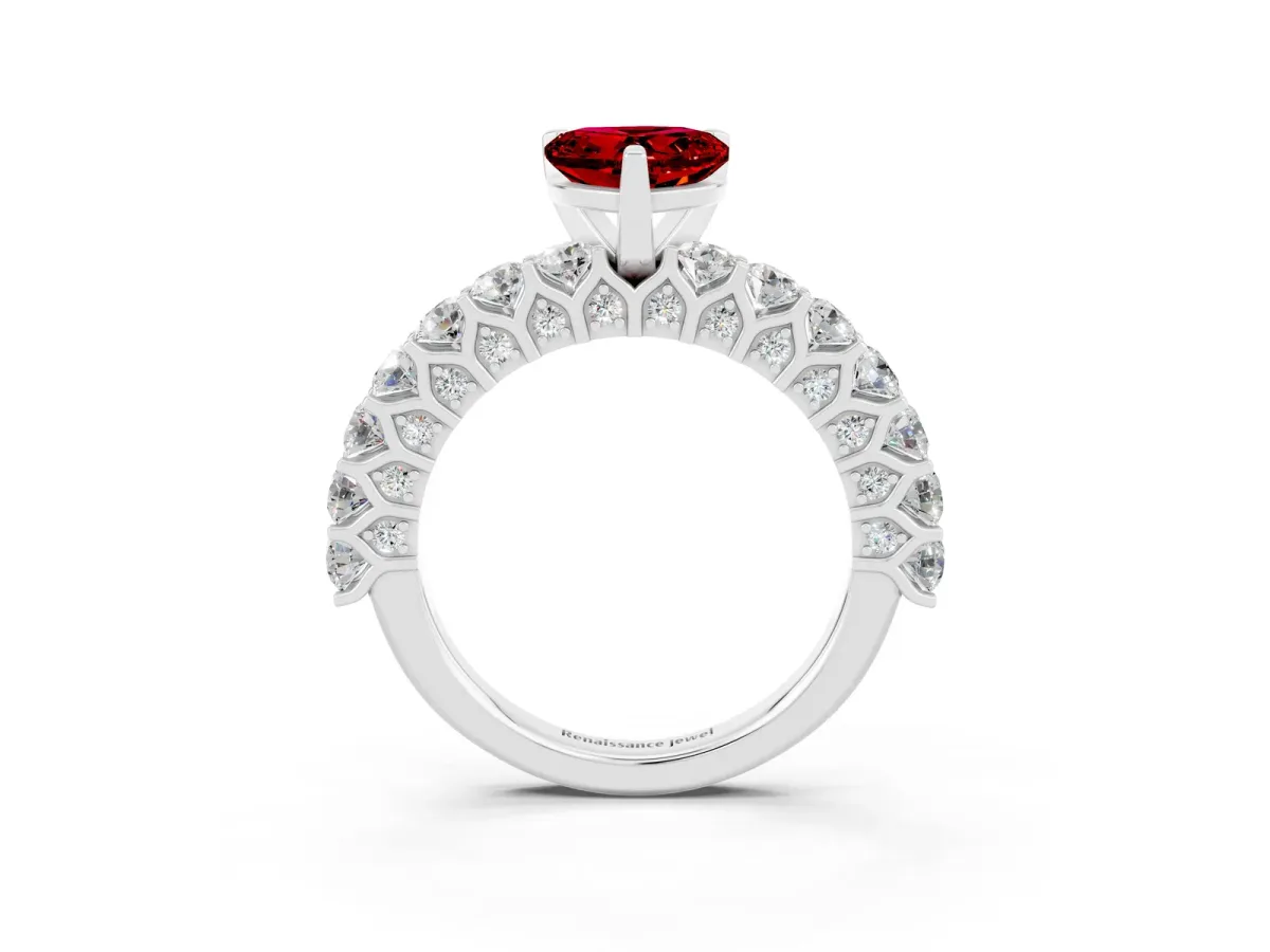 Heart Cut Ruby Solitaire Ring with Shared Prong Pavé Band and Four-Prong Setting Silver