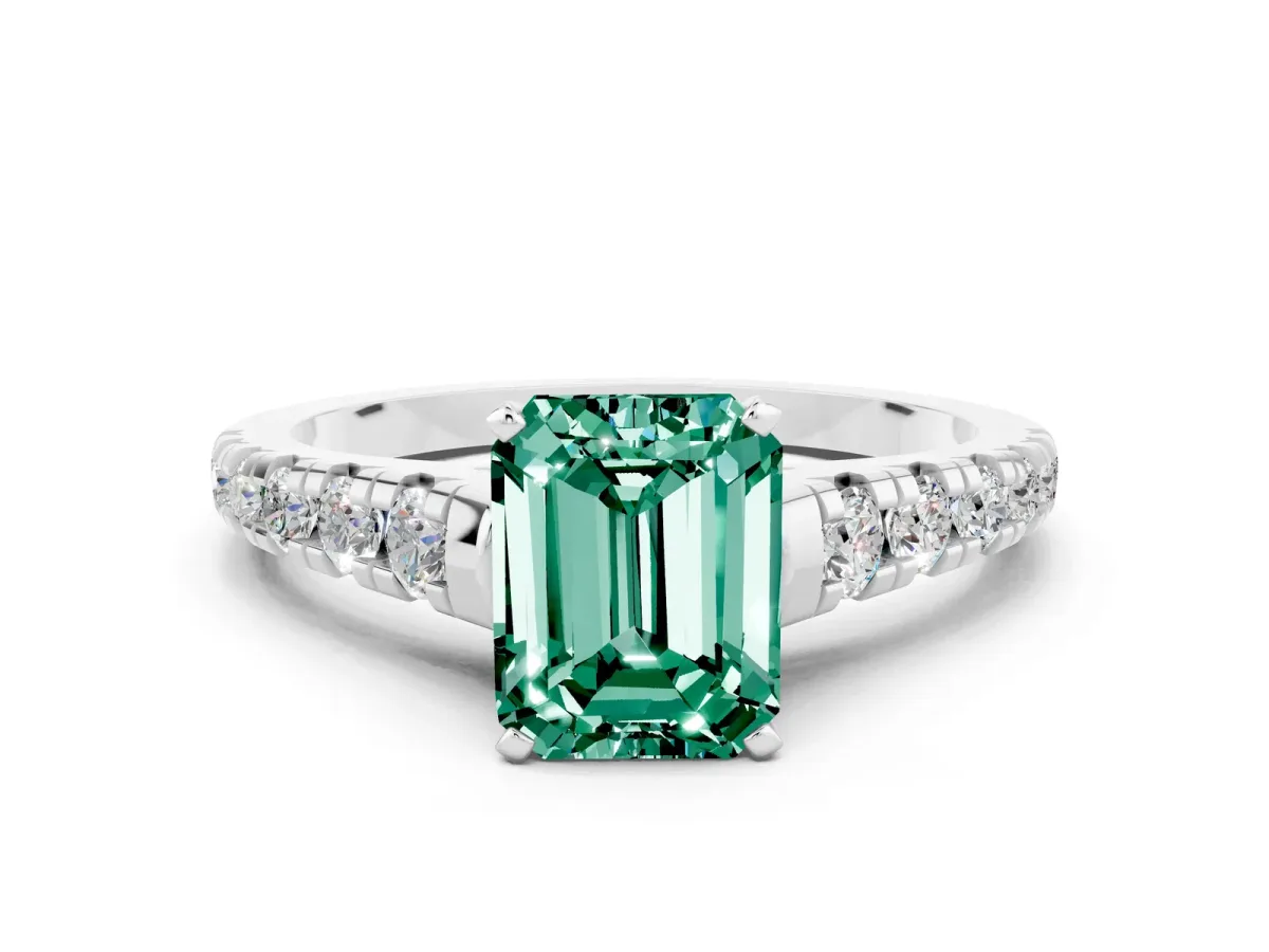 Emerald Cut Green Sapphire Cathedral Solitaire Ring with Round Pavé Band Platinum