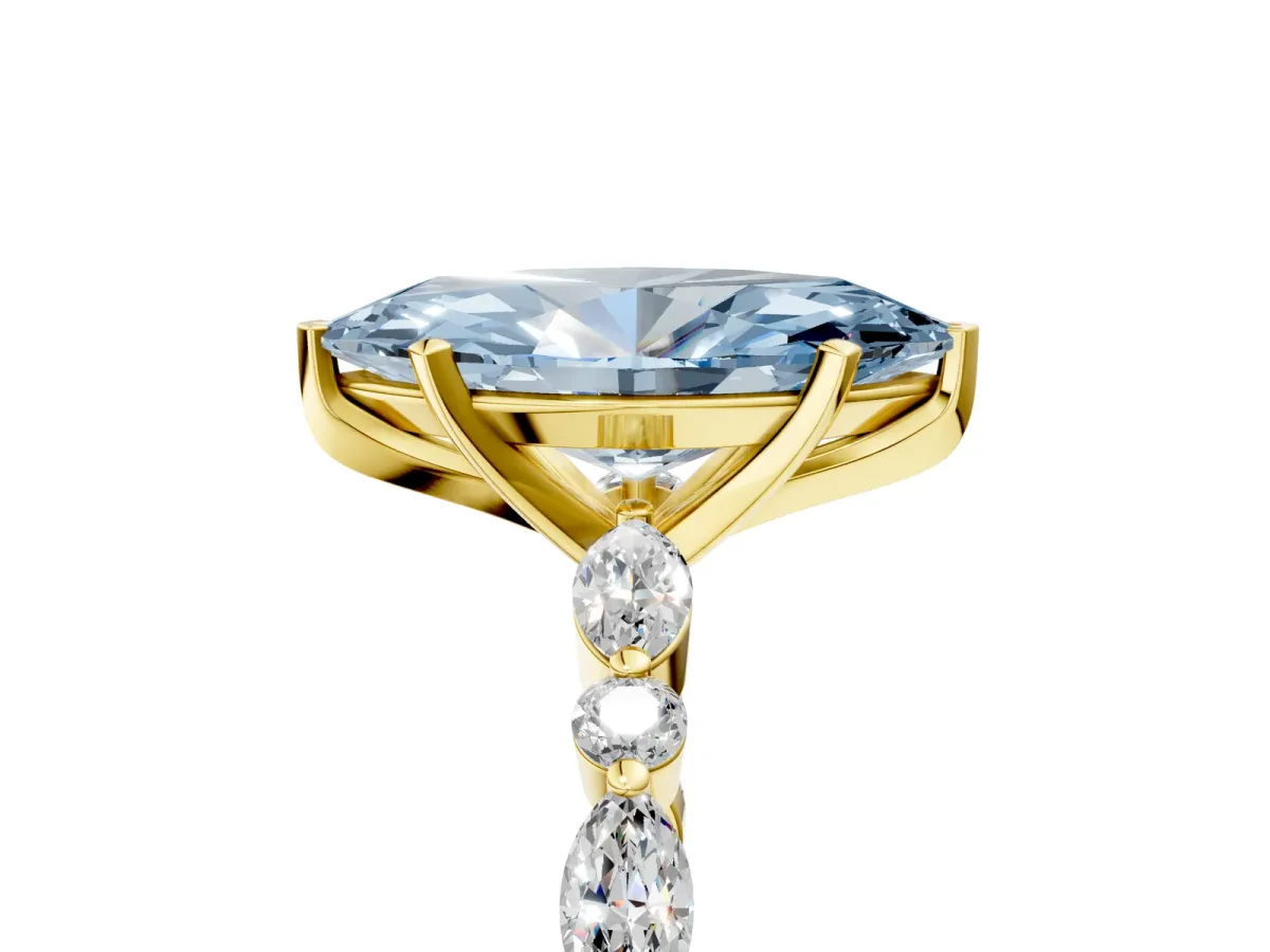 Fancy Blue Marquise Cut Diamond Ring with Marquise and Round Side Stones and Four-Prong Setting Yellow gold