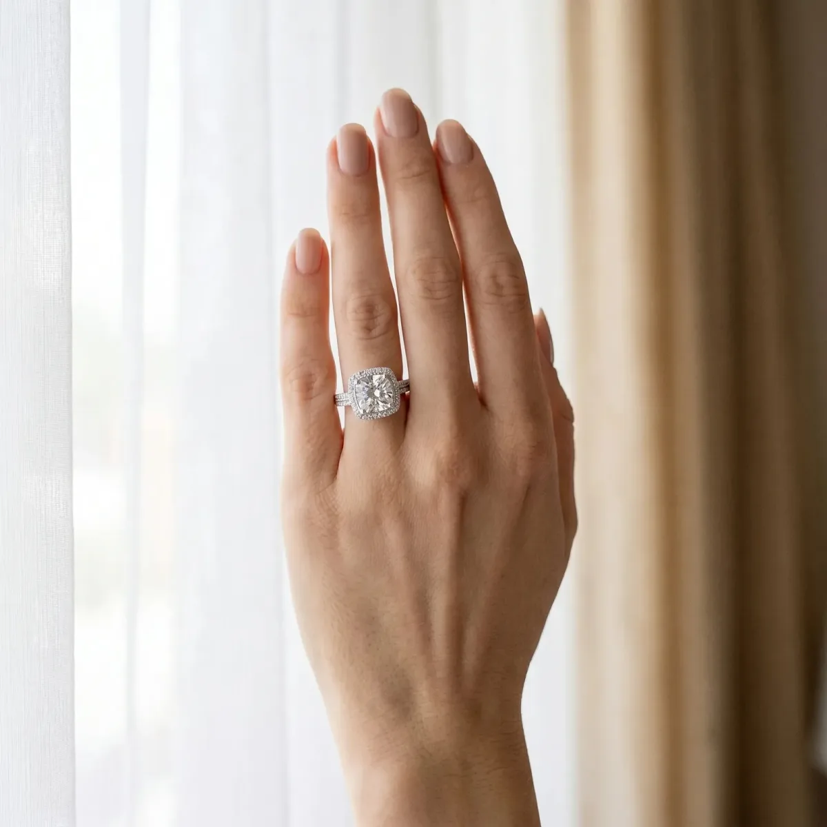 Cushion Cut Diamond Double Halo Ring with Split Shank and Four-Prong Setting Silver
