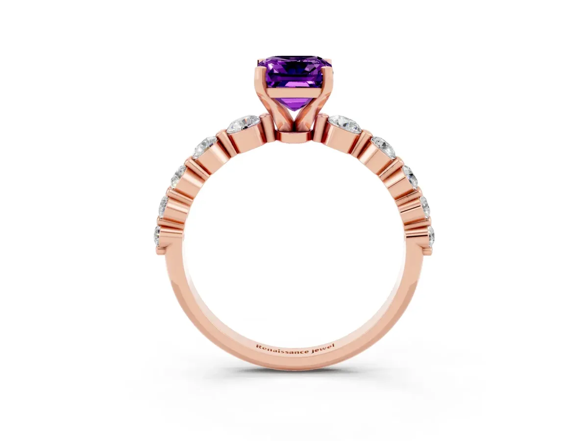 Emerald Cut Solitaire Amethyst Ring with Pave Band and Four-Prong Setting Rose gold
