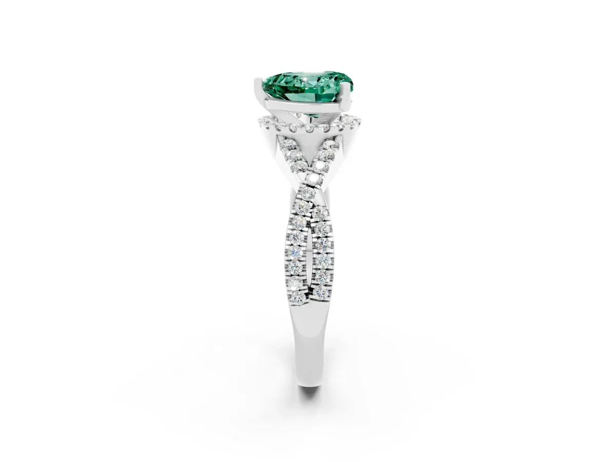 Heart Cut Green Sapphire Halo Twist Band Solitaire Prong Setting Ring White gold