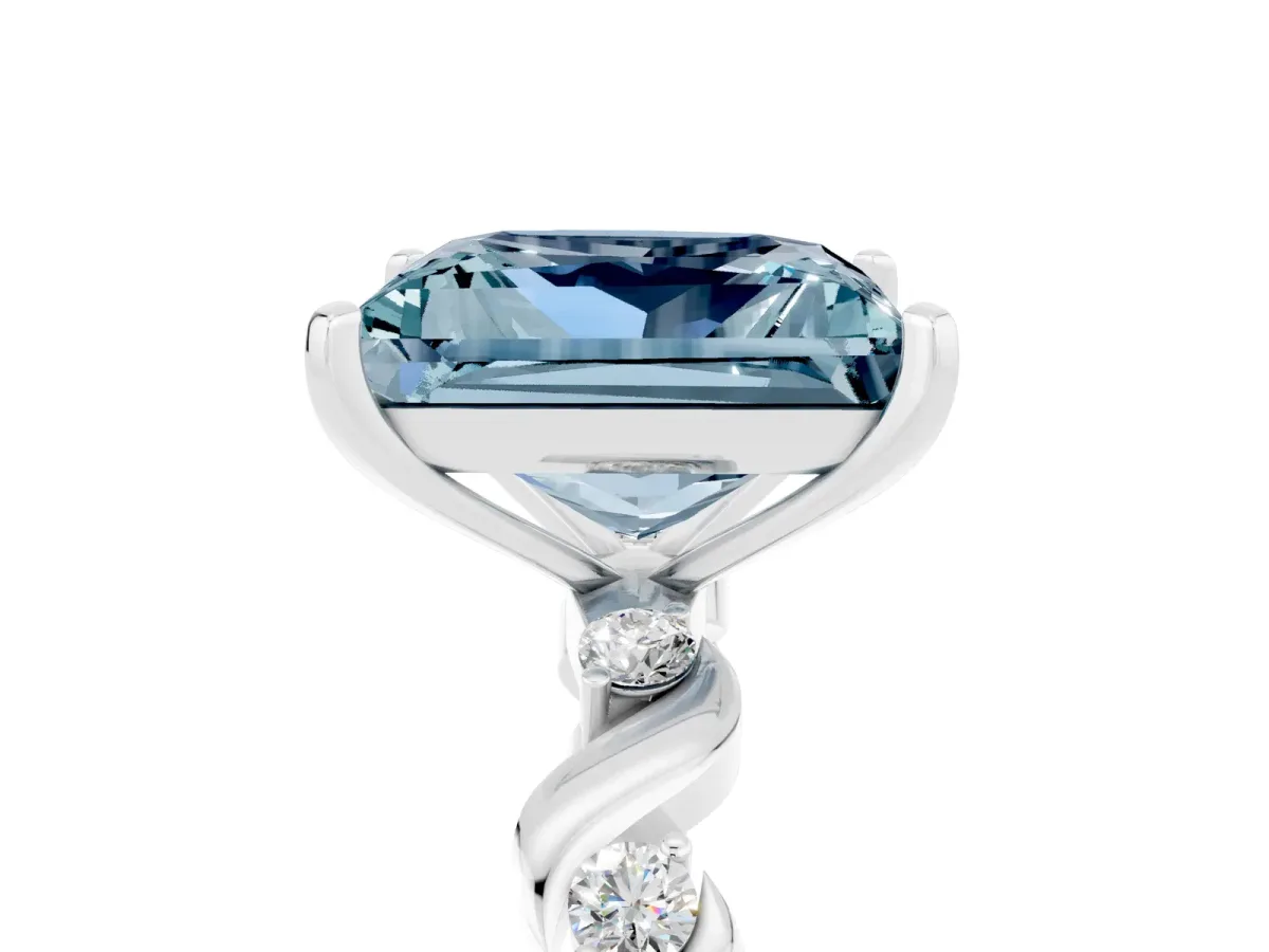 Princess Cut Aquamarine Solitaire Twisted Band with Round Accents and Prong Setting Platinum