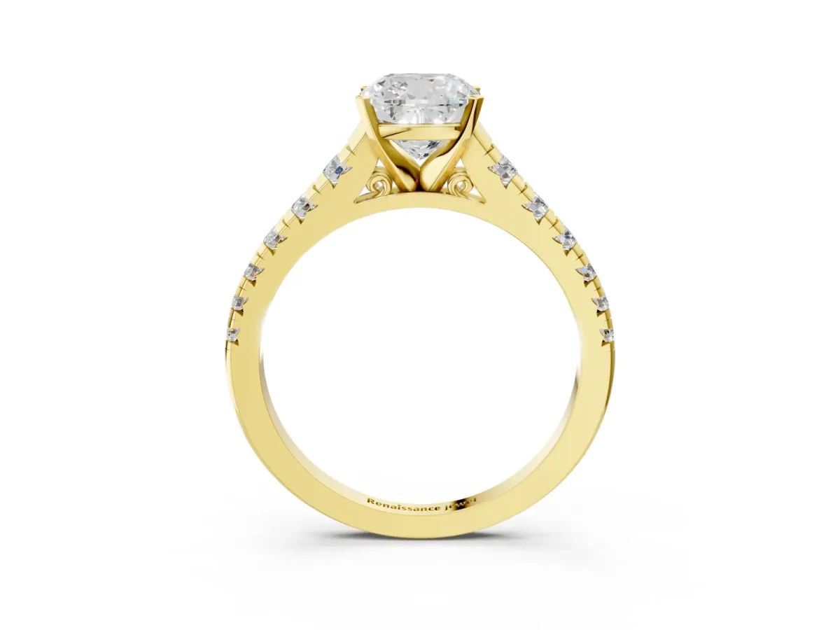 Cushion Cut Diamond Cathedral Solitaire Ring with Round Moissanite Pavé Band Yellow gold