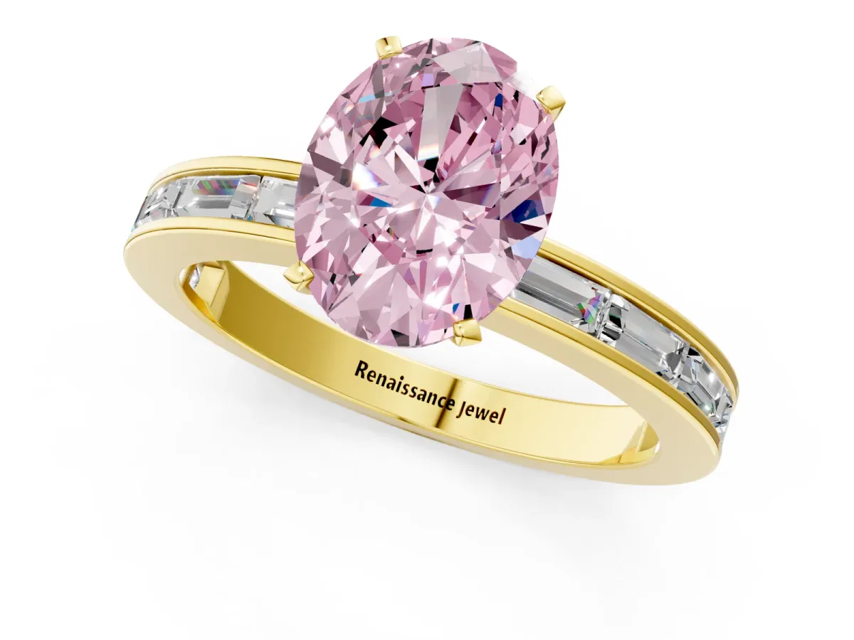 Fancy Pink Oval Cut Solitaire Diamond Ring with Channel-Set Baguette Band and Four-Prong Setting Yellow gold