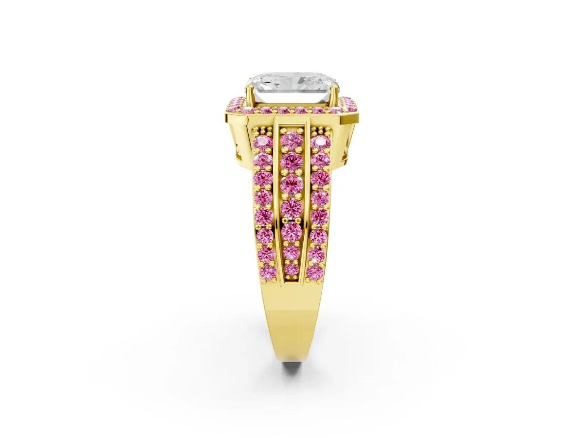 Radiant Cut Halo Diamond Ring with Round Pink Sapphire Split Shank and Prong Setting Yellow gold