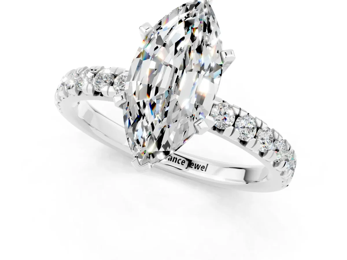 Marquise Cut Moissanite Solitaire Pavé Engagement Ring with Round Band and Prong Setting White gold