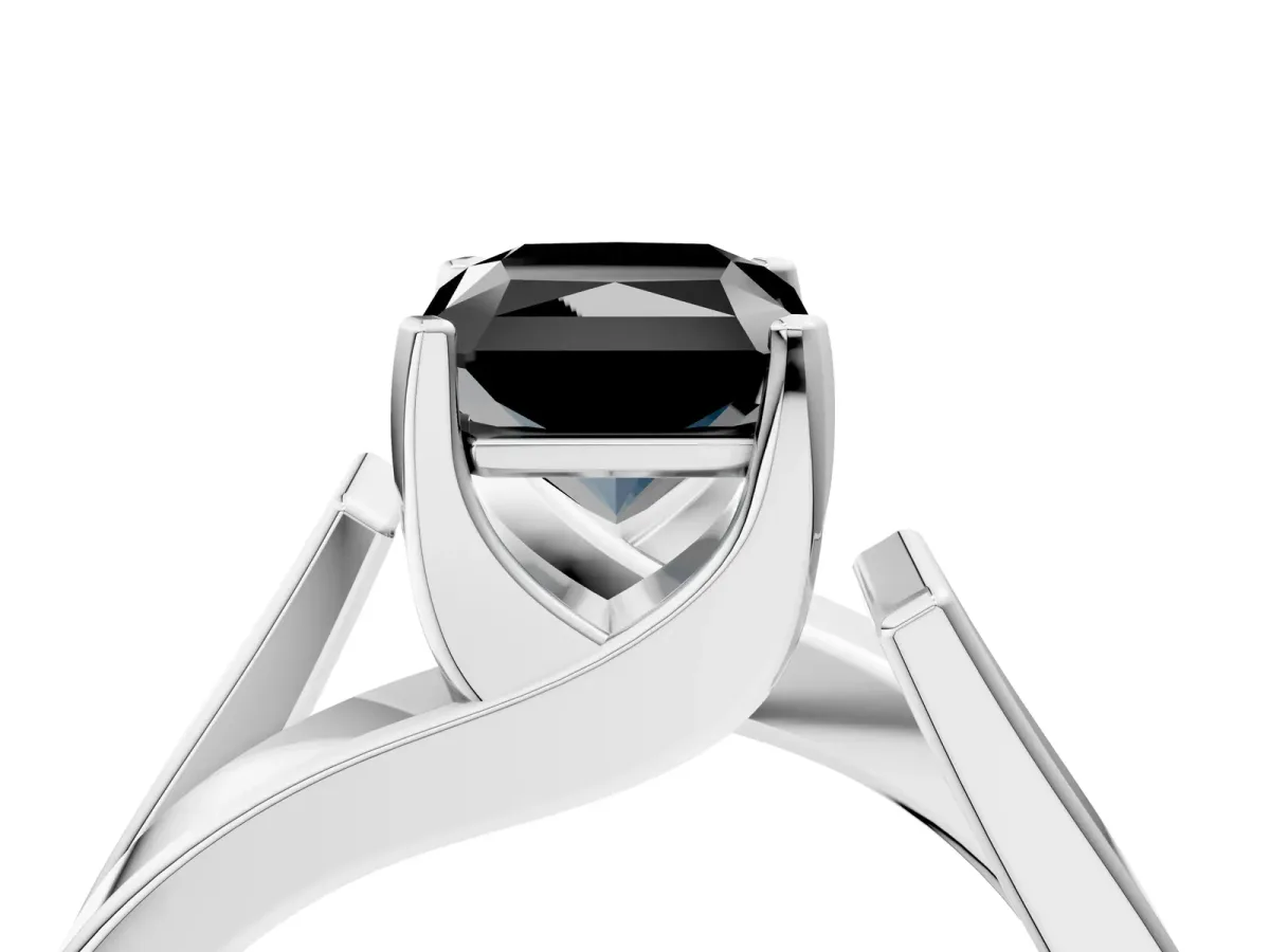 Fancy Black Modern Tension Set Radiant Cut Diamond Solitaire Wide Band Ring Platinum