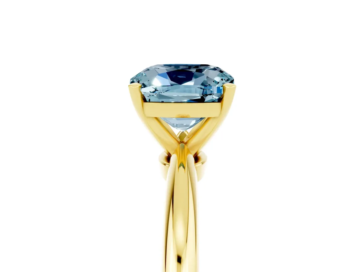 Cushion Cut Aquamarine Solitaire Ring with Six-Prong Setting and Classic Band Yellow gold