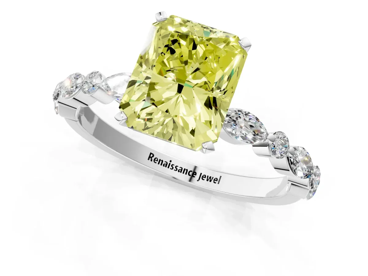 Fancy Yellow Radiant Cut Diamond Ring with Marquise and Round Side Stones and Four-Prong Setting White gold
