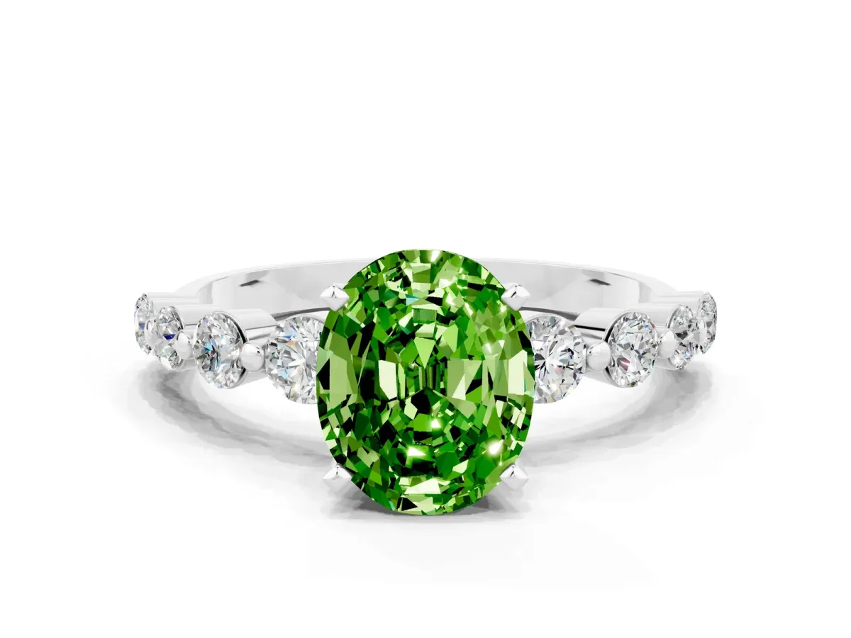 Oval Cut Solitaire Peridot Ring with Pave Band and Four-Prong Setting Platinum