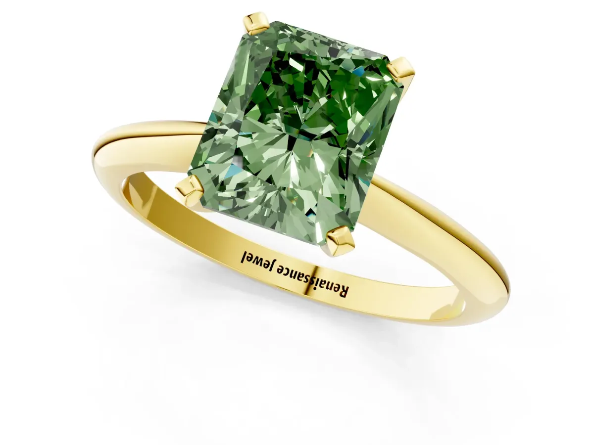 Fancy Green Radiant Cut Diamond Solitaire Engagement Ring with Classic Band and Four-Prong Setting Yellow gold