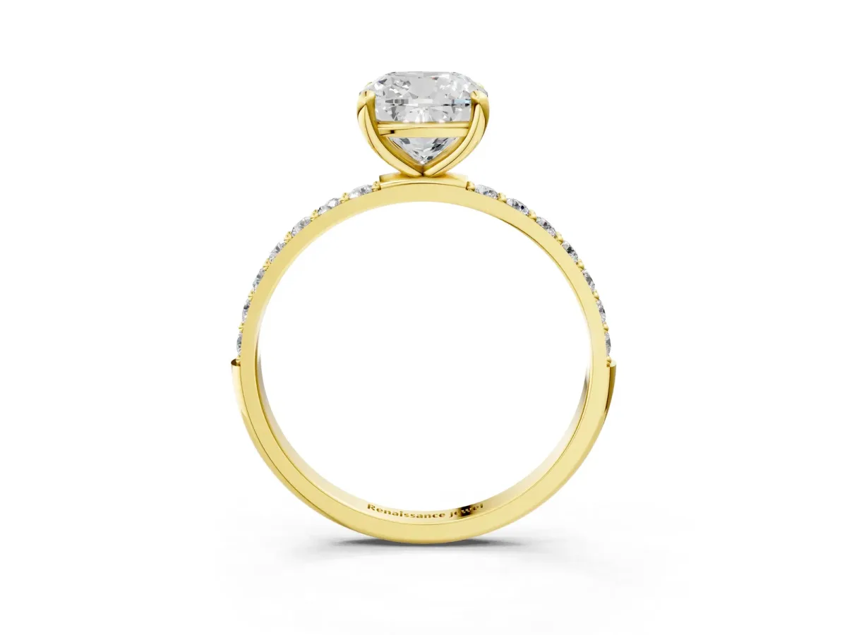Cushion Cut Diamond Solitaire Ring with Round Pavé Band and Prong Setting Yellow gold
