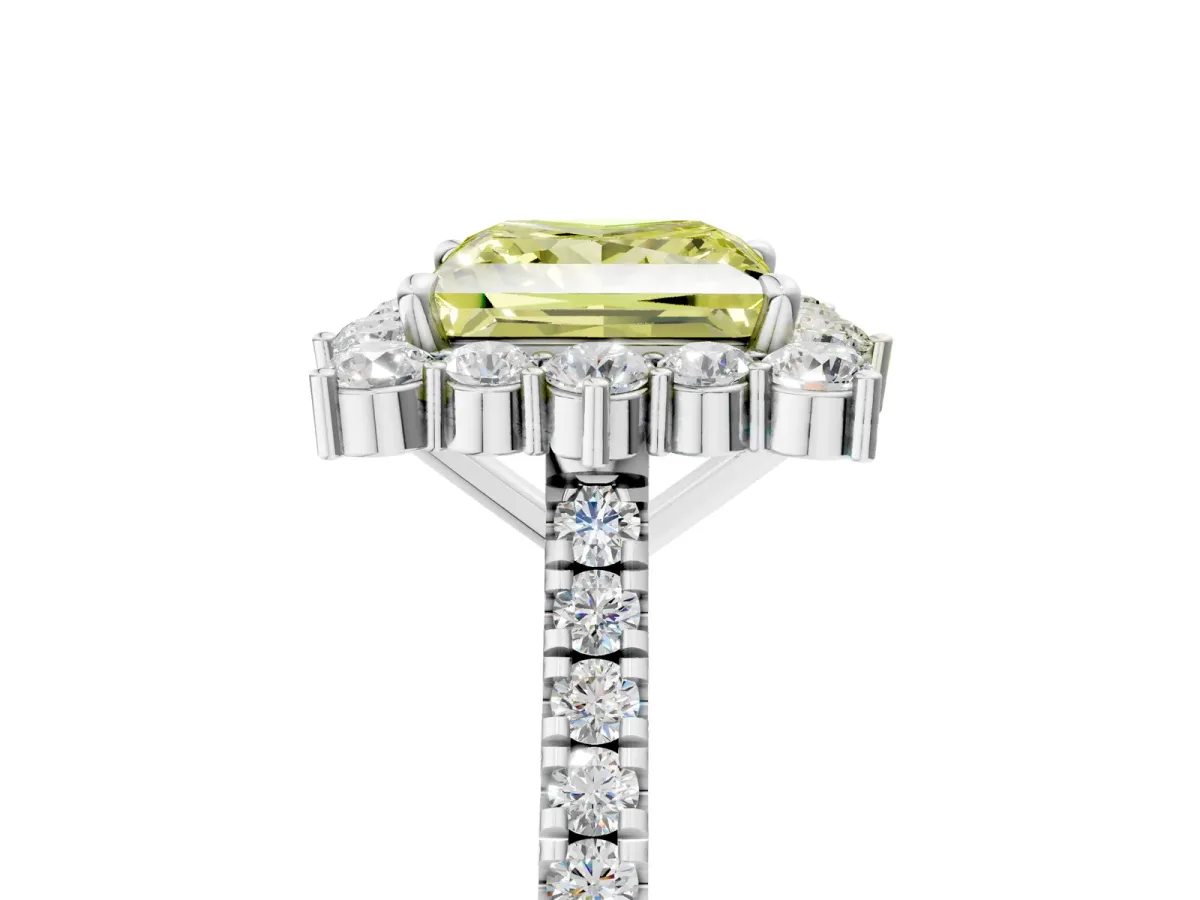 Fancy Yellow Princess Cut Halo Diamond Ring with Pavé Band and Prong Setting White gold