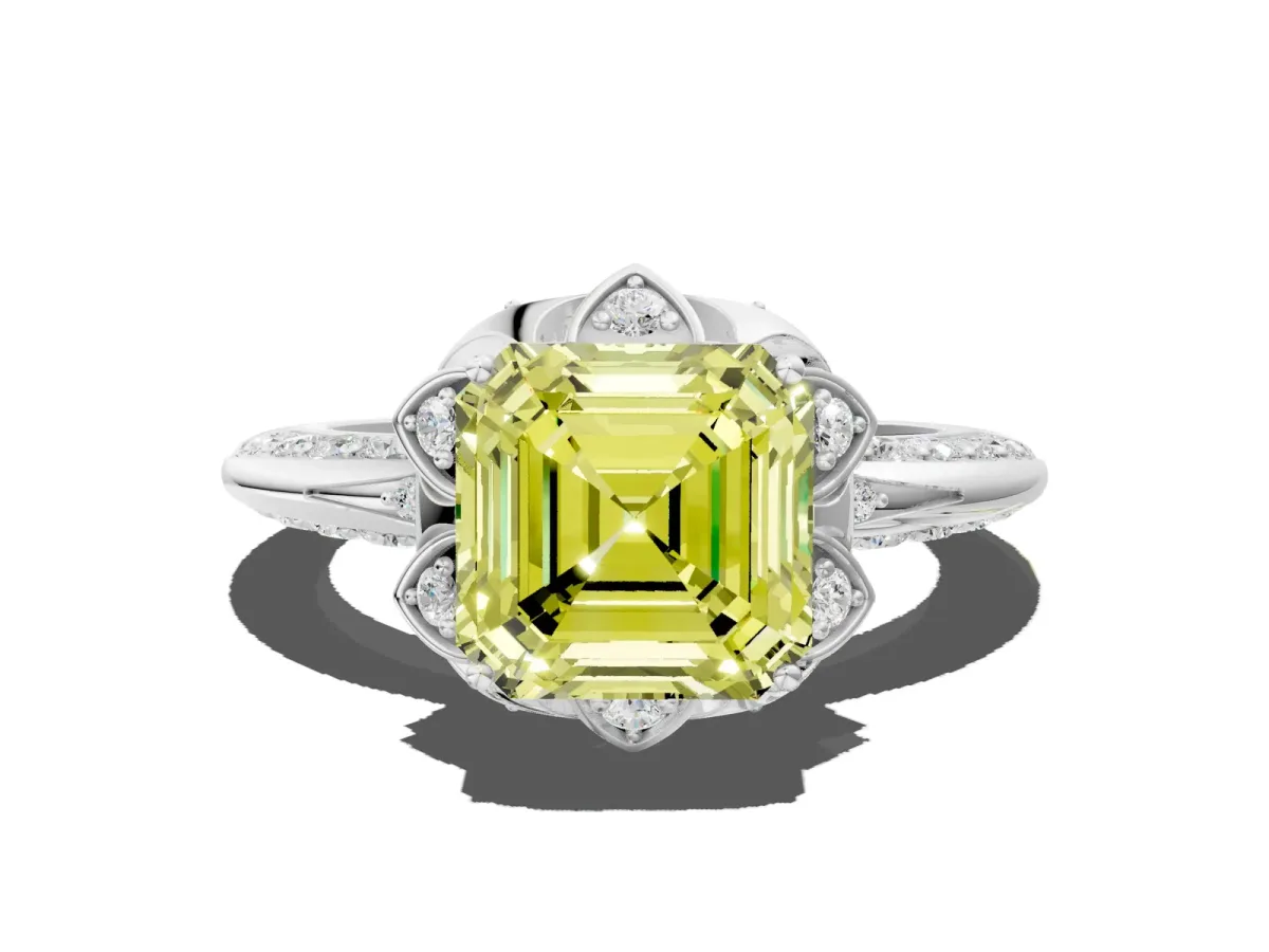 Fancy Yellow Asscher Cut Halo Split Shank Pave Diamond Ring with Petal Prong Setting Platinum