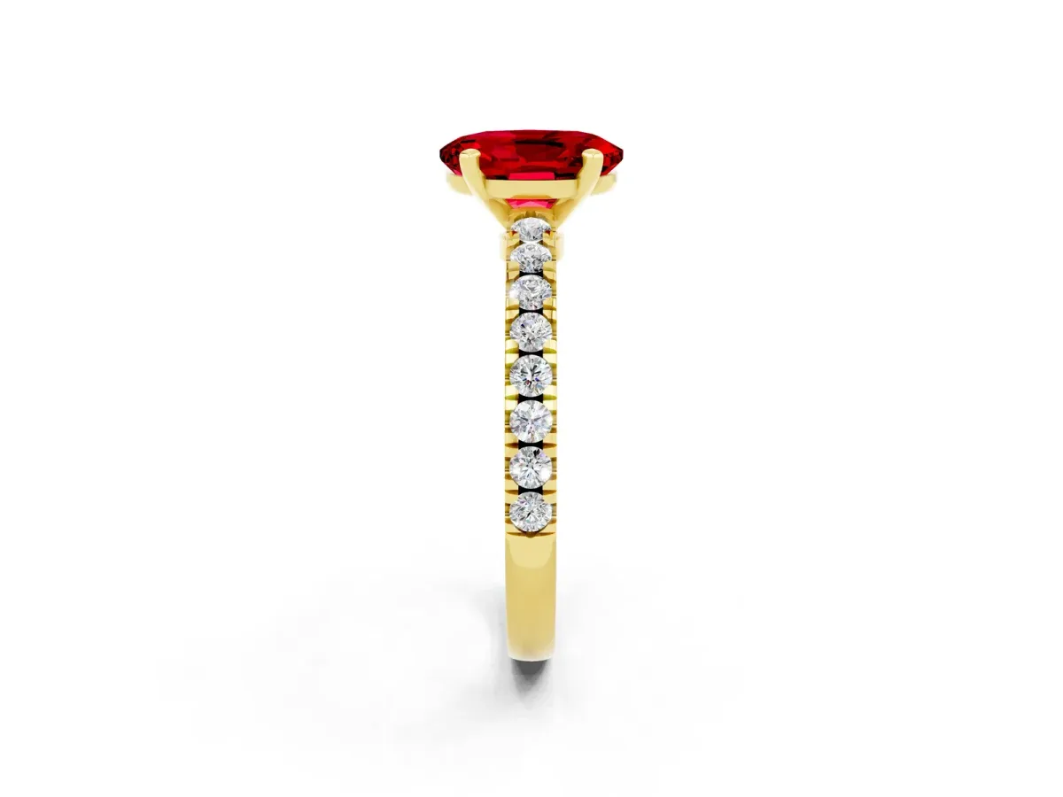 Oval Cut Solitaire Ruby with Pavé Band and Four-Prong Setting Yellow gold