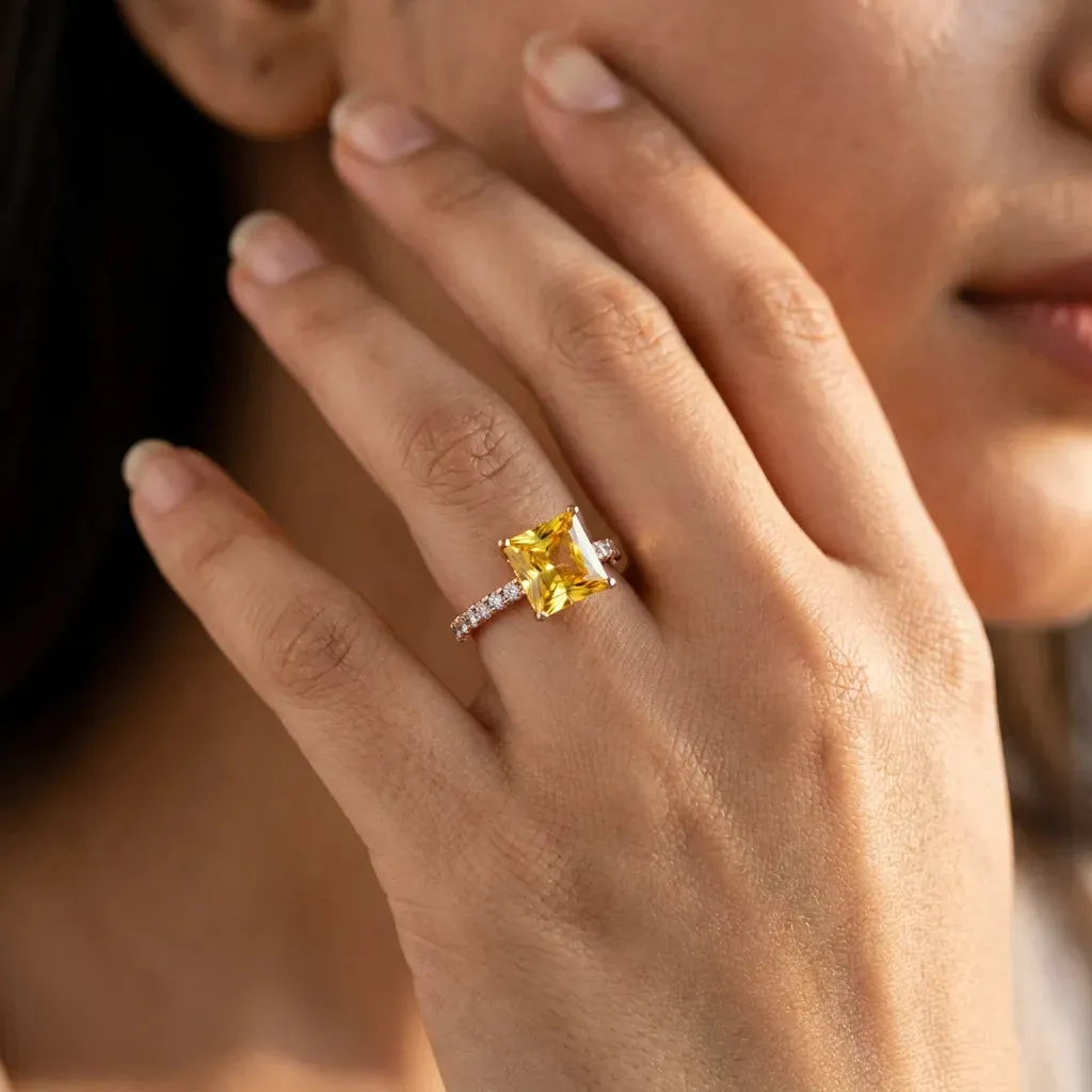 Princess Cut Yellow Sapphire Solitaire Ring with Round Pavé Band and Four-Prong Setting Rose gold