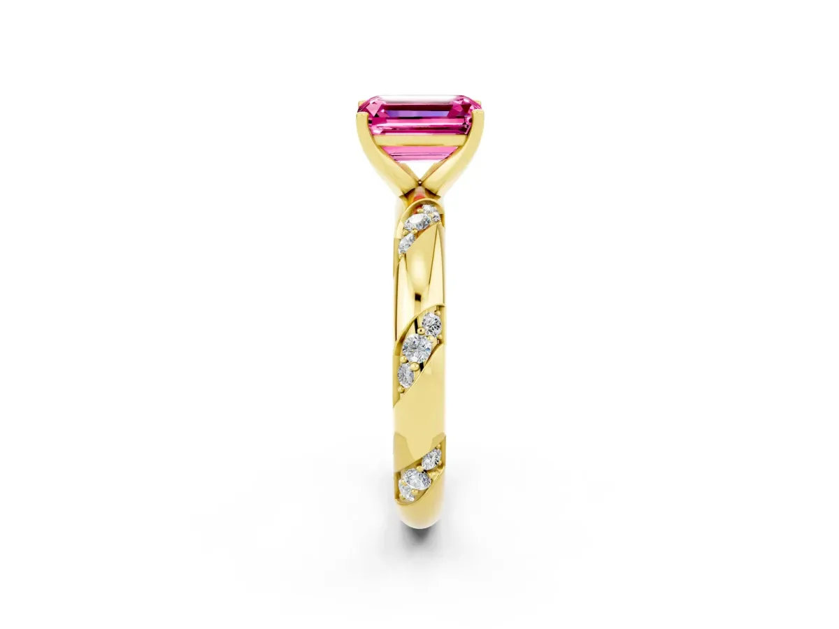 Emerald Cut Pink Sapphire Solitaire Engagement Ring with Twisted Round Accent Band and Prong Setting Yellow gold