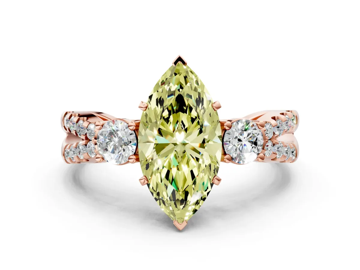 Fancy Yellow Marquise Cut Diamond Three-Stone Ring with Pavé Split Shank and Four-Prong Setting Rose gold