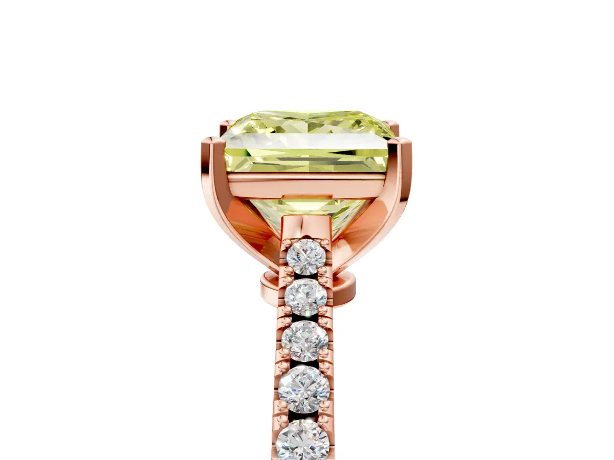 Fancy Yellow Princess Cut Cut Solitaire Diamond Engagement Ring with Pave Band and Four-Prong Setting Rose gold