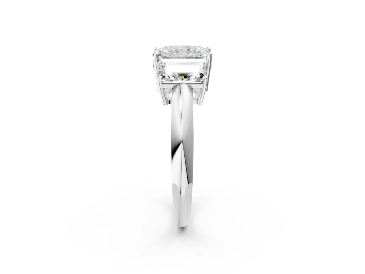 Three-Stone Radiant Cut Cut Diamond Engagement Ring with Prong Setting on a White Gold Band Silver