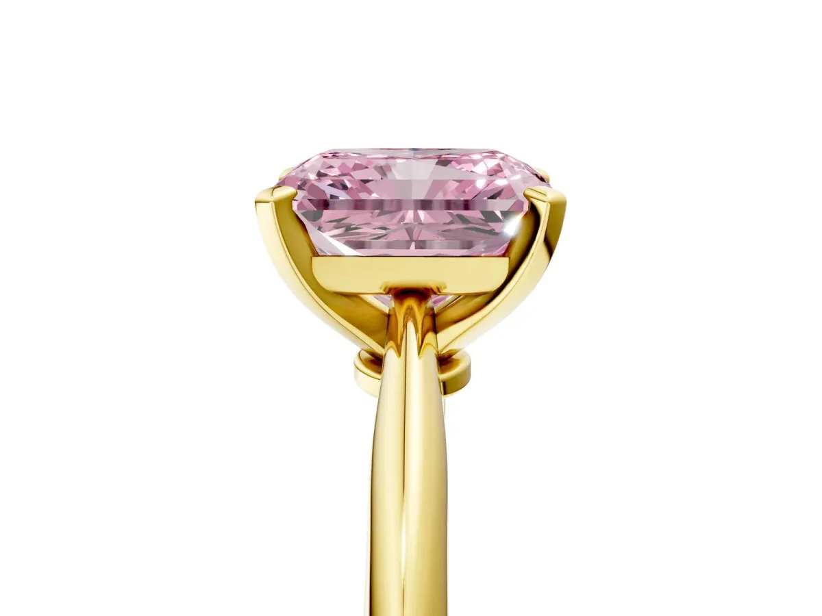Fancy Pink Radiant Cut Diamond Solitaire Engagement Ring with Classic Band and Four-Prong Setting Yellow gold