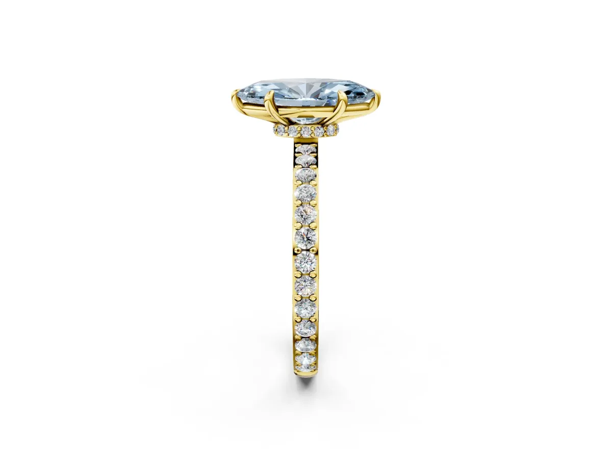 Fancy Blue Marquise Cut Diamond Solitaire Engagement Ring with Pavé Band and Four-Prong Setting Yellow gold