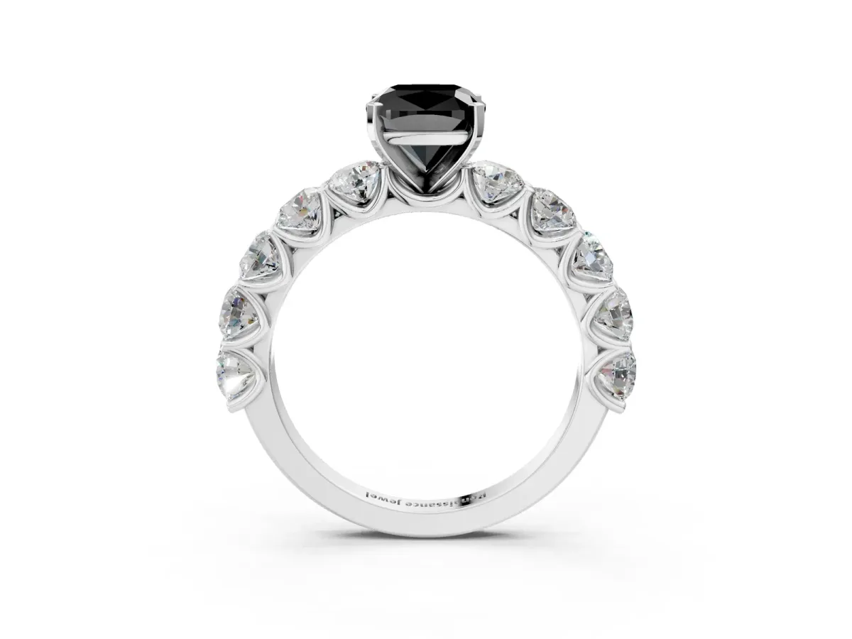 Fancy Black Cushion Cut Diamond Prong Setting with Side Stones on a Pave Band Silver